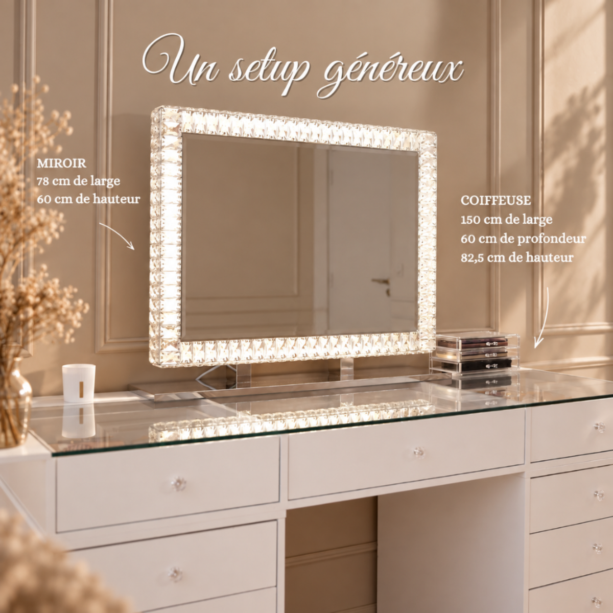 Coiffeuse & Miroir LED en Cristal — L’Écrin